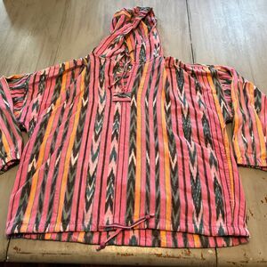 Vtg Angelique Pink Orange Green Southwest Print Hoodie Pullover Boho Free Size